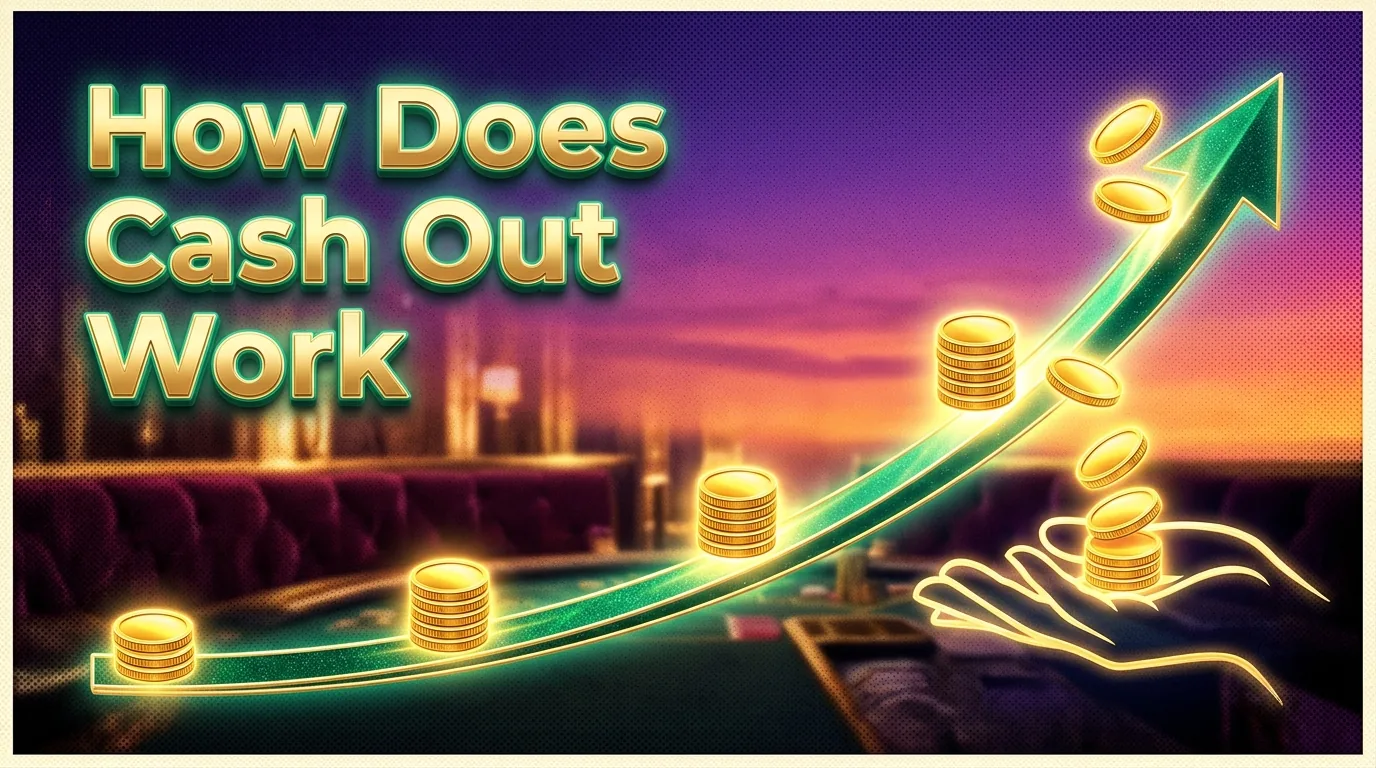 A cash out multiplier curve with coins being collected, explaining betting mechanics.